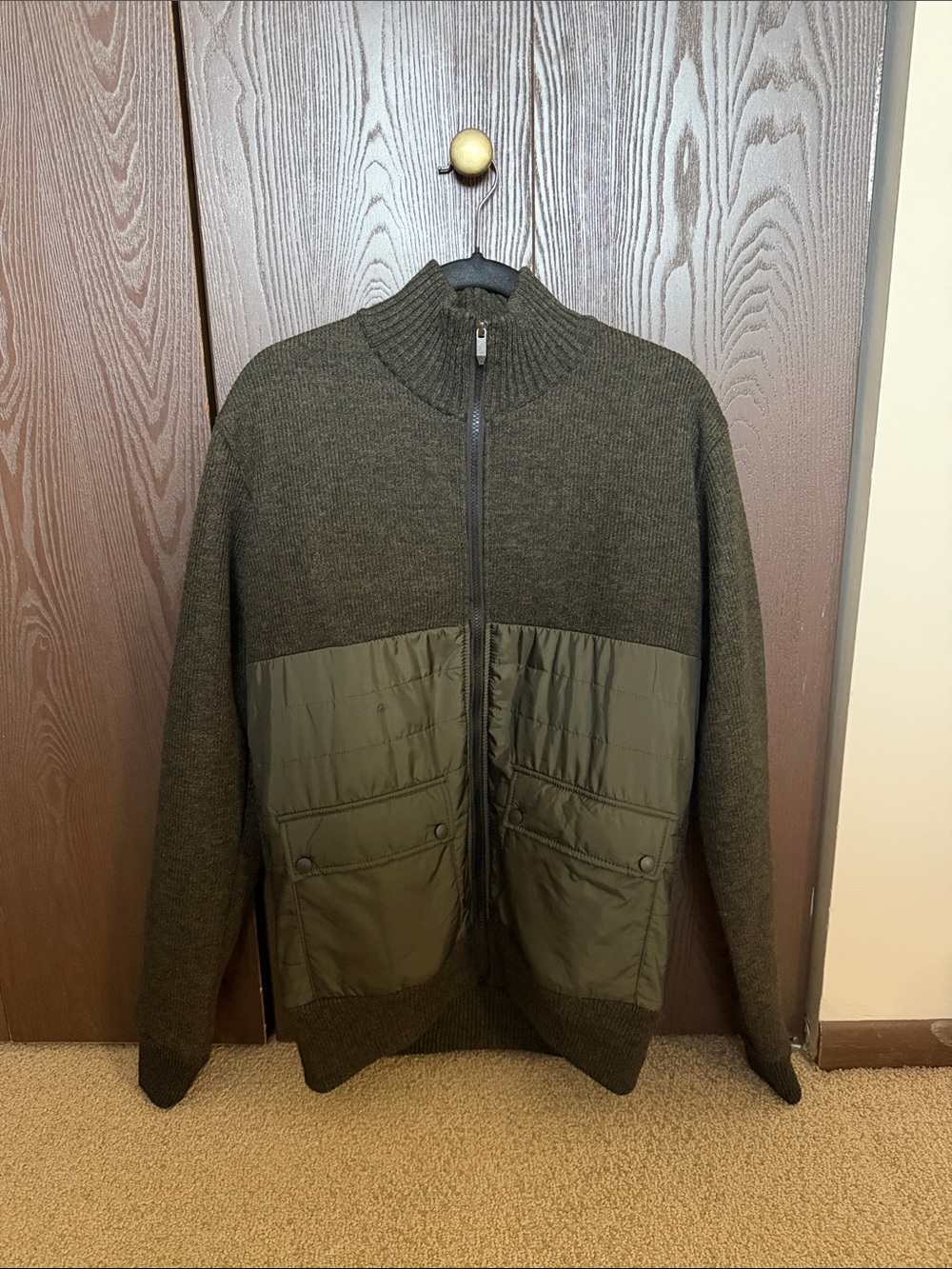Men's Olive Full-Zip Quilted Panel Sweater